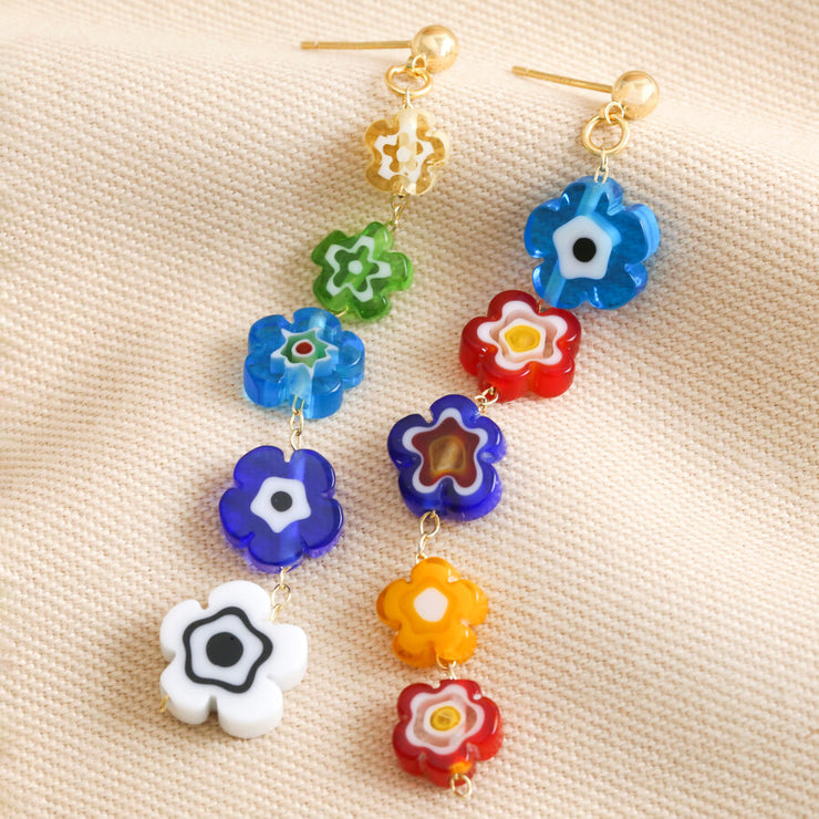 Asymmetrical Millefiori Flower Bead Drop Earrings