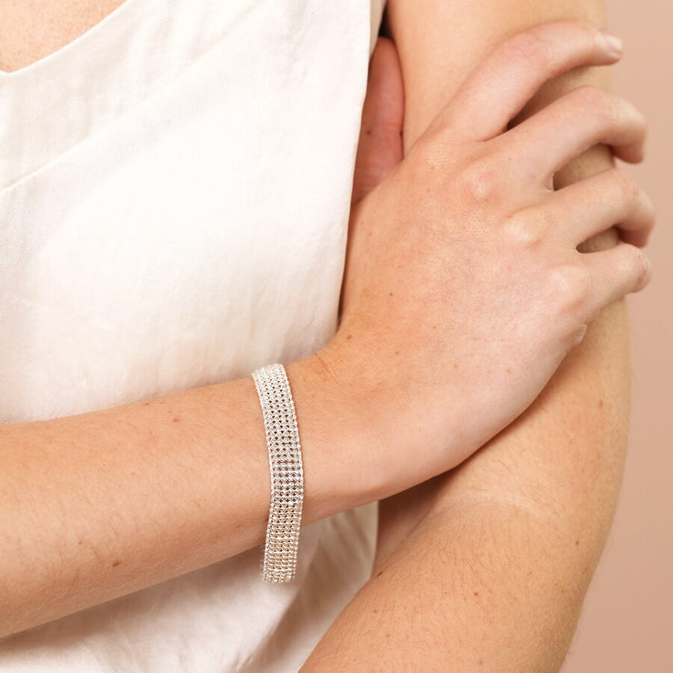 Wide Beaded Band Bracelet in Silver