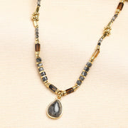 Semi Precious Black & Grey Pendant Necklace in Gold
