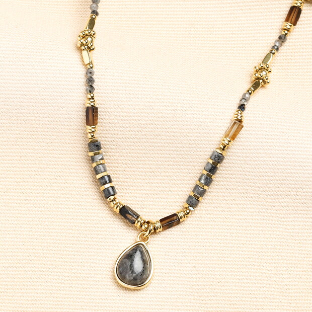 Semi Precious Black & Grey Pendant Necklace in Gold