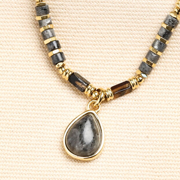 Semi Precious Black & Grey Pendant Necklace in Gold