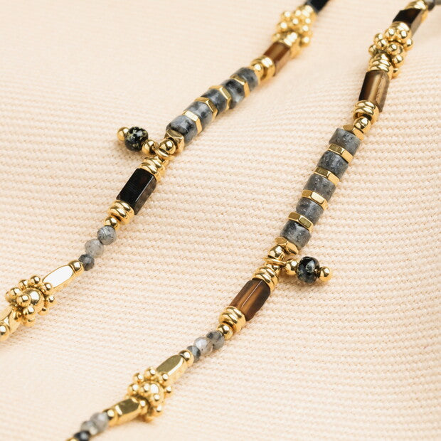 Semi Precious Black & Grey Pendant Necklace in Gold