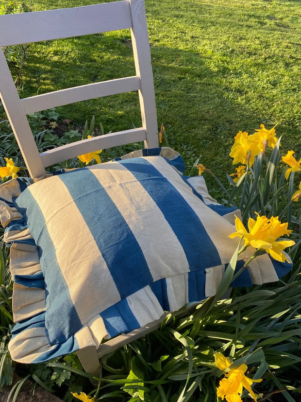 Twizzell Ruffle Linen Striped Cushion Cover - Blue