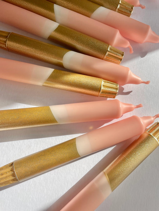 The Singing Rabbit 2 Dinner Candles - Blush Pink & Gold Dip Dyed