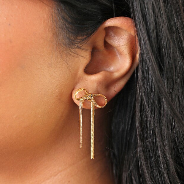 Bow Chain Statement Gold Stud Earrings