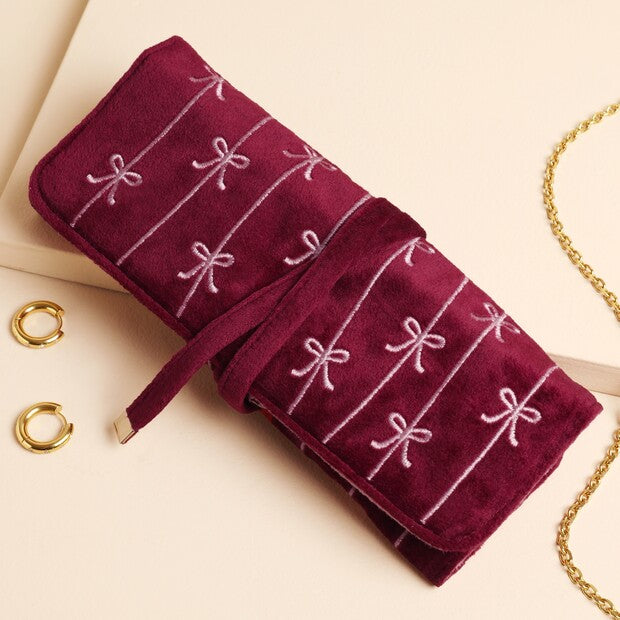 Burgundy Bow Embroidered Velvet Jewellery Roll