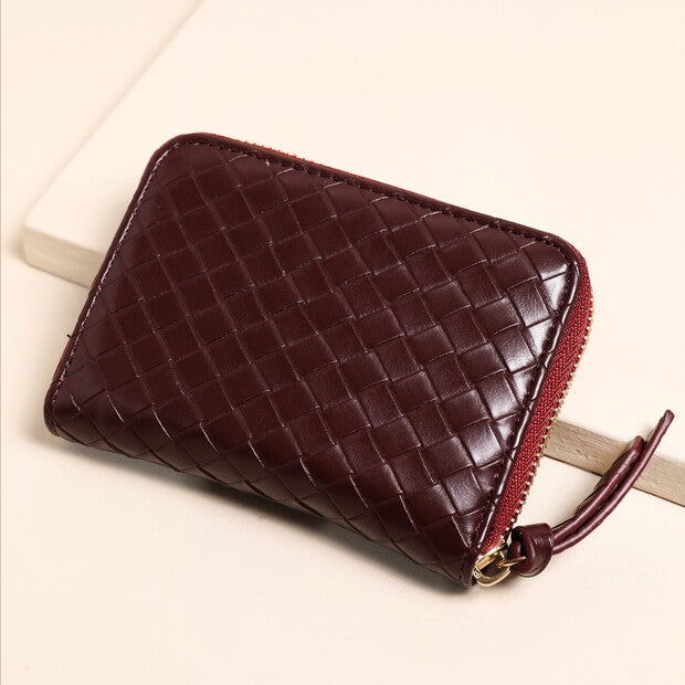 Vegan Leather Woven Zip Around Purse in Burgundy