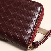 Vegan Leather Woven Zip Around Purse in Burgundy