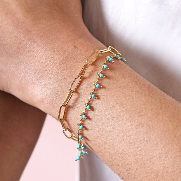 Teal Stone Droplet & Cable Chain Layered Bracelet