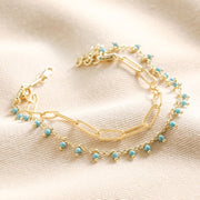 Teal Stone Droplet & Cable Chain Layered Bracelet