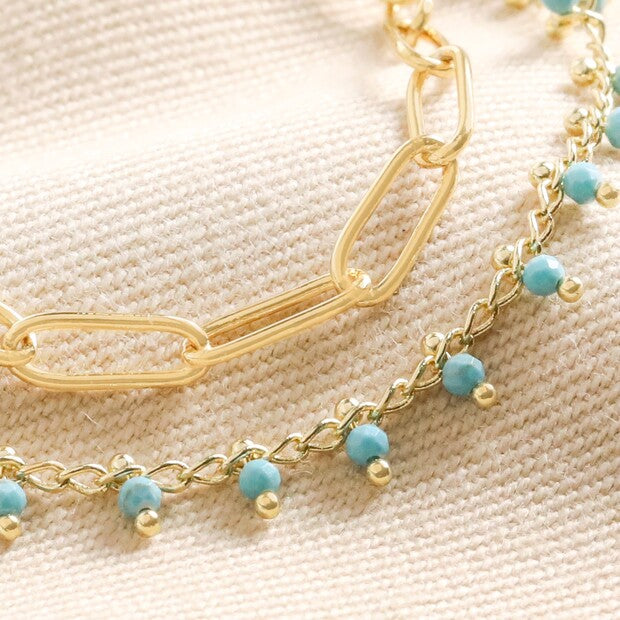 Teal Stone Droplet & Cable Chain Layered Bracelet