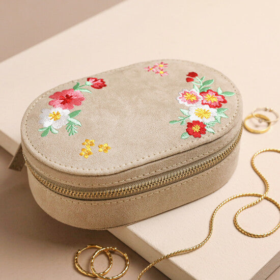 Embroidered Flowers Oval Velvet Jewellery Case