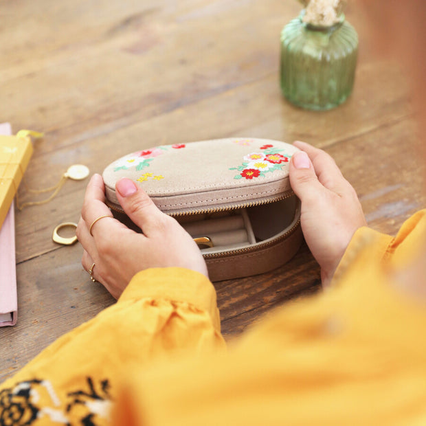 Embroidered Flowers Oval Velvet Jewellery Case