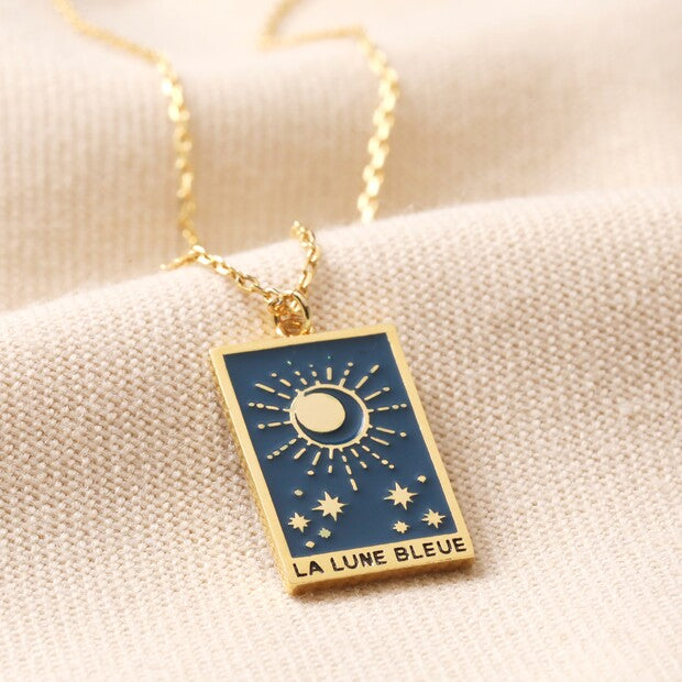 Enamel Blue Moon Tarot Card Pendant Necklace