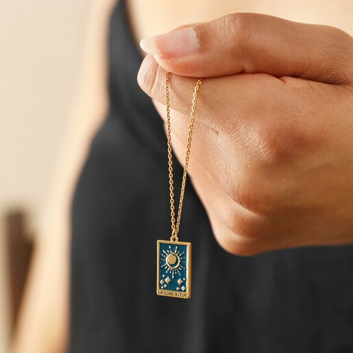 Enamel Blue Moon Tarot Card Pendant Necklace
