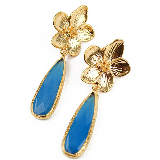 My Doris Gold Flower & Blue Glass Tear Drop Earrings