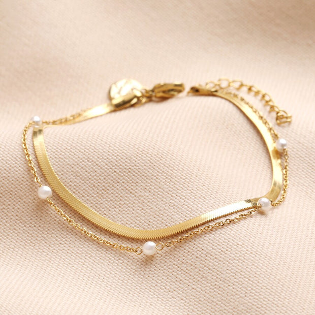 Herringbone Pearl Double Chain Bracelet in Gold