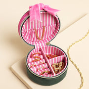 Green & Pink Velvet Bow Jewellery Case - Round