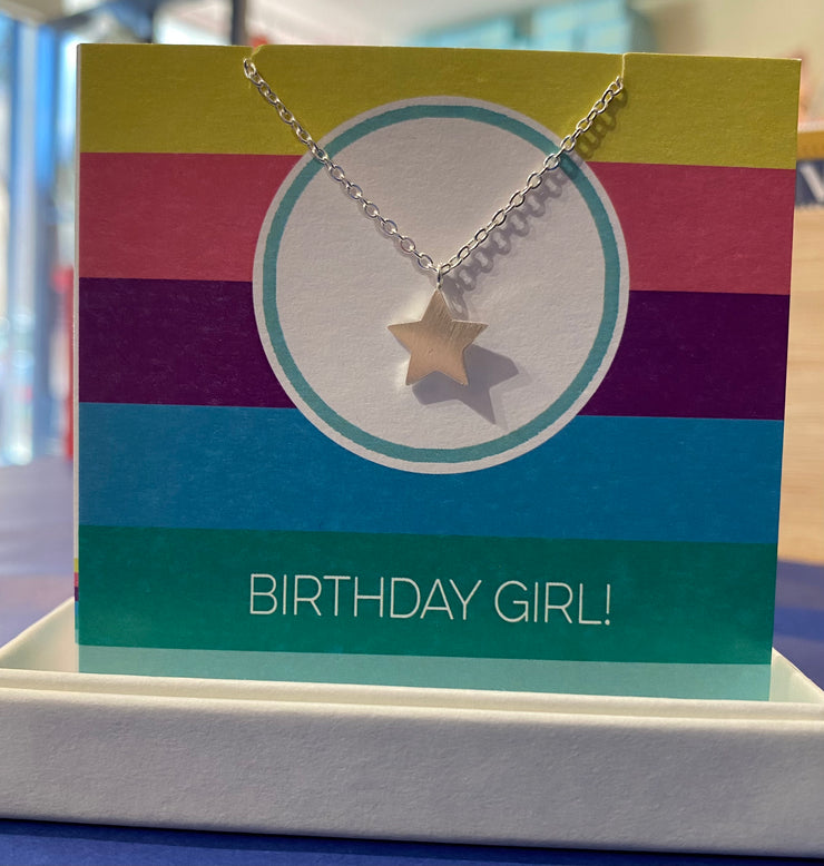 Coral & Mint Birthday Girl! Silver Star Necklace Card