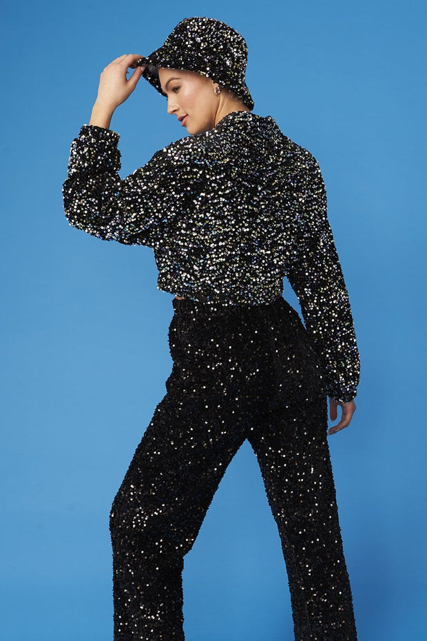 Bamboo Sequins Bomber Jacket - Black Multi