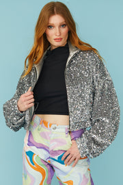 Sequin Velvet Bomber Jacket - Silver
