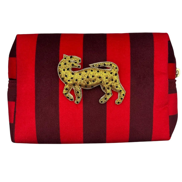 Sixton Large Red Stripe Make-Up Bag with Leopard Pin