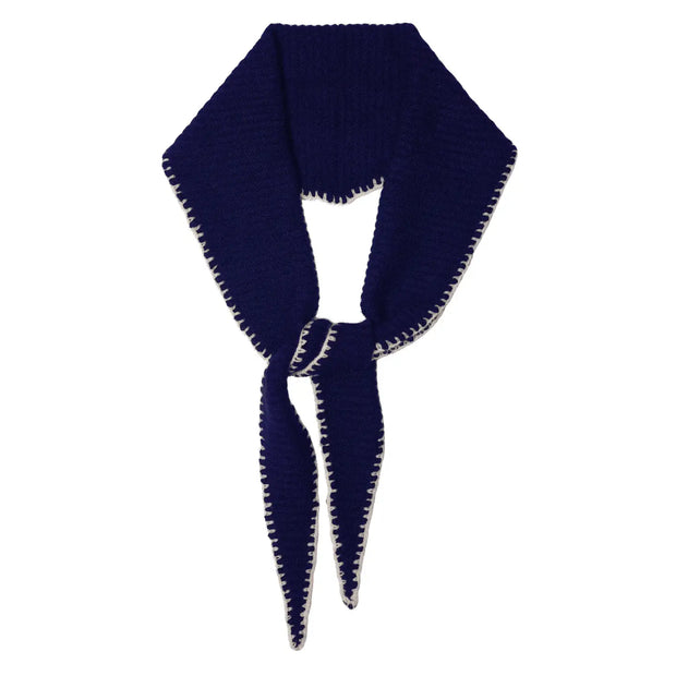 Cashmere Diamond Skinny Scarf Stitched Edge - Navy