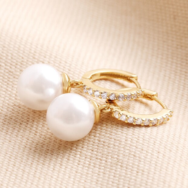 Pearl Drop Gold Huggie Earrings
