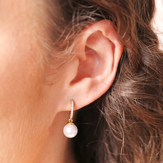 Pearl Drop Gold Huggie Earrings