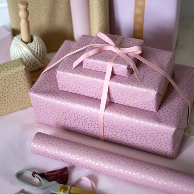Recycled 5m Roll of Wrapping Paper - Pink with Gold Dots