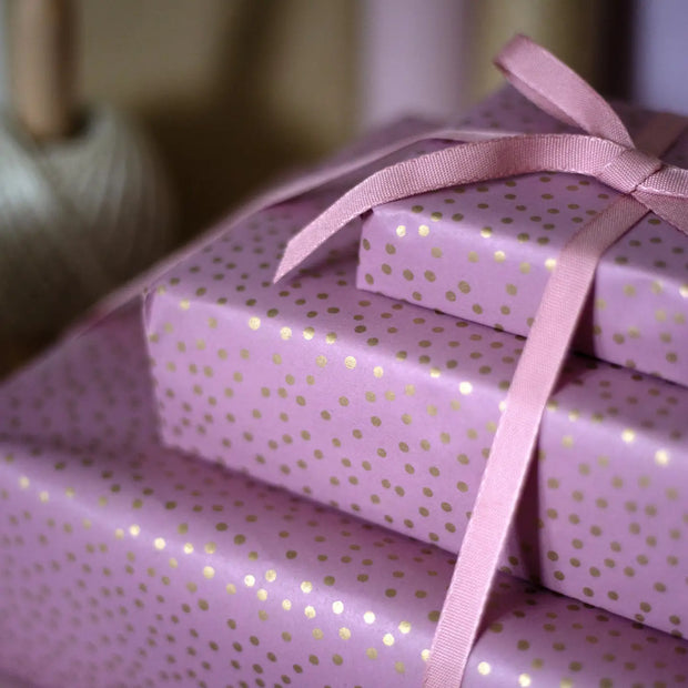 Recycled 5m Roll of Wrapping Paper - Pink with Gold Dots