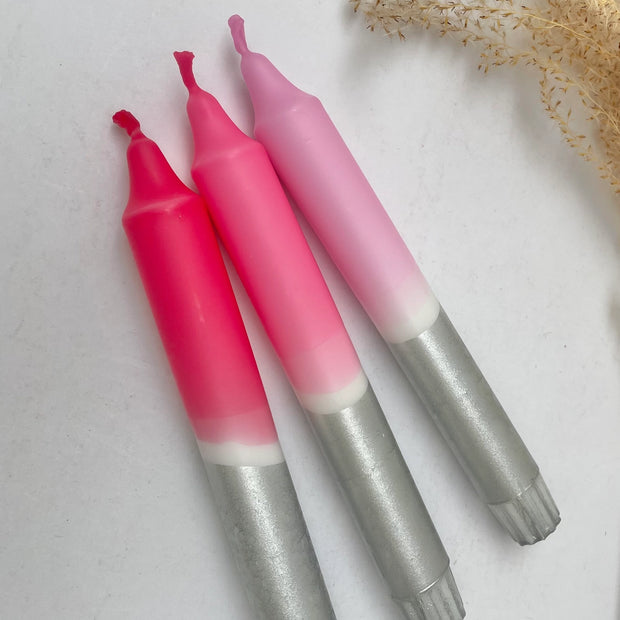 The Singing Rabbit 3 Dinner Candles - Rosy Hues & Silver
