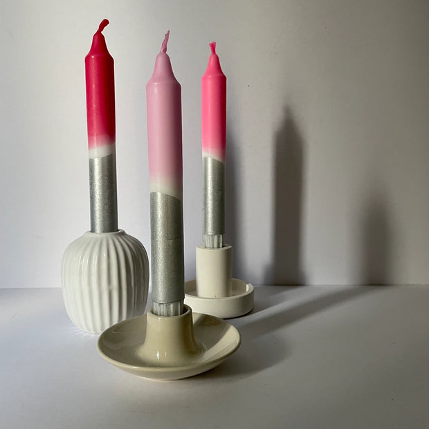The Singing Rabbit 3 Dinner Candles - Rosy Hues & Silver