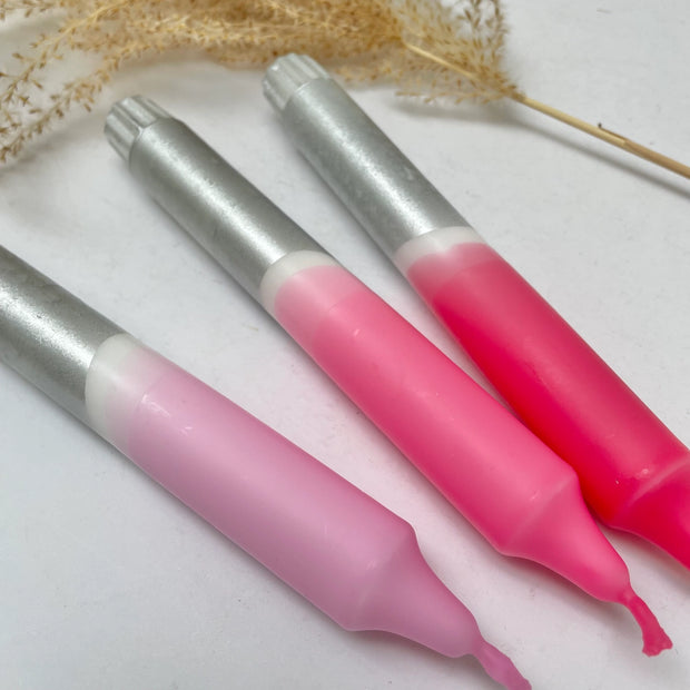 The Singing Rabbit 3 Dinner Candles - Rosy Hues & Silver