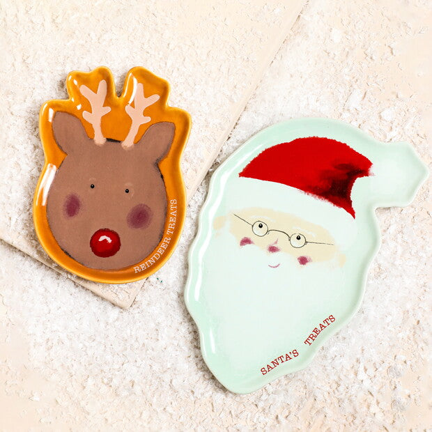 Ceramic Santa and Reindeer Treat Plates - Set of 2