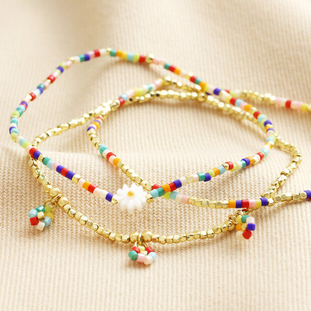 Rainbow & Gold Miyuki Daisy Beaded Bracelets - Set of 3