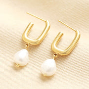 Gold Rectangular Earrings with Pearl Drop