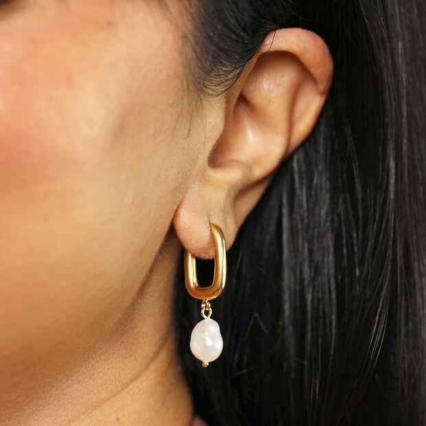Gold Rectangular Earrings with Pearl Drop
