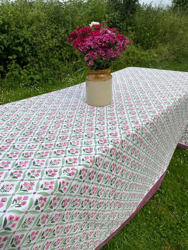 Twizzell Block Print Large Tablecloth - Pink & Green Diamond