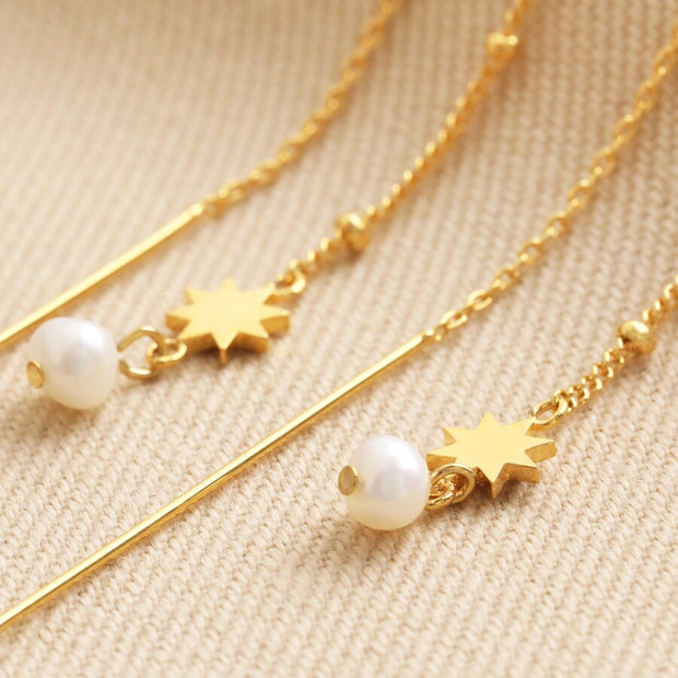 Thread Through Star And Pearl Chain Earrings