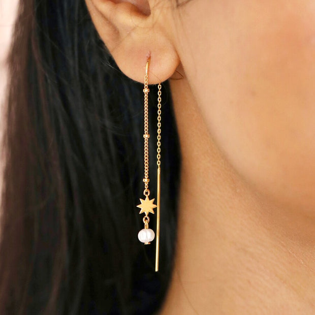 Thread Through Star And Pearl Chain Earrings