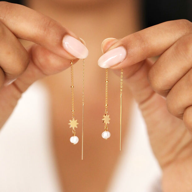 Thread Through Star And Pearl Chain Earrings