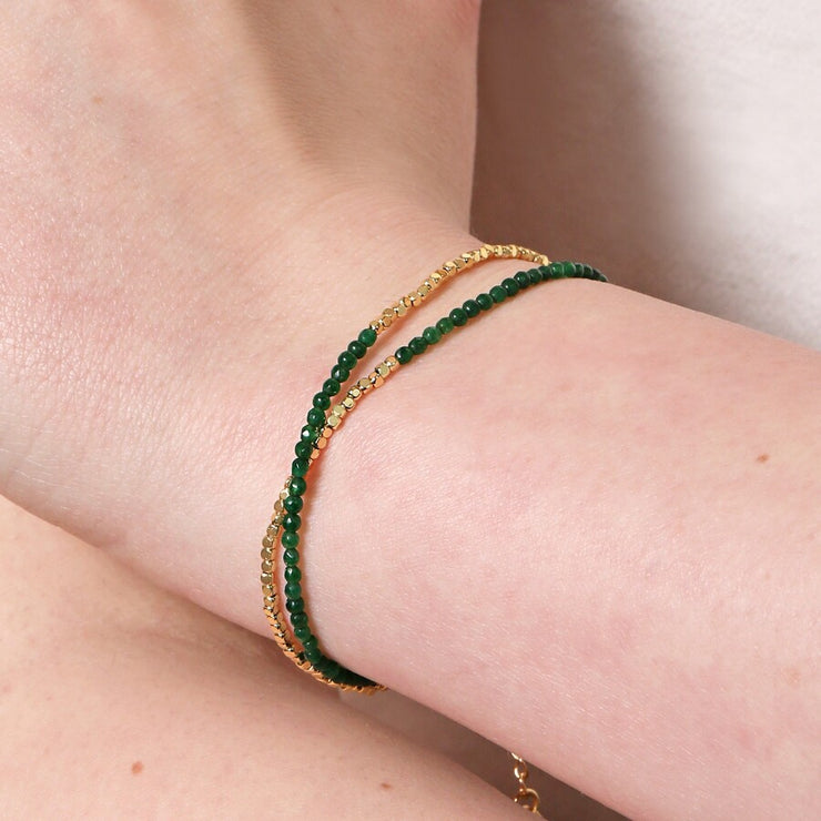 Green Semi-Precious Stone Layered Beaded Bracelet in Gold