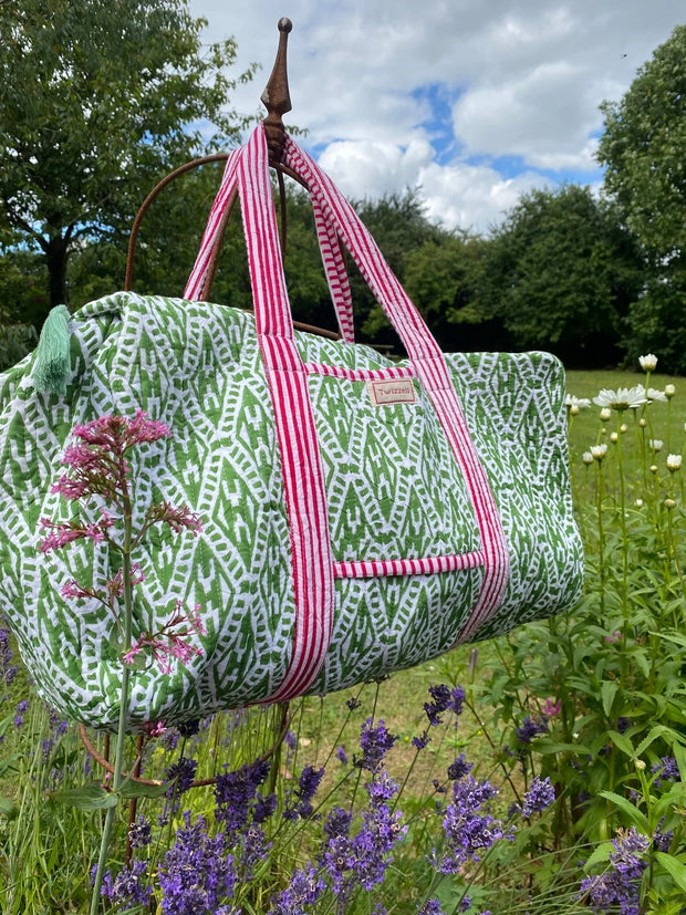 Twizzell Indian Block Print Weekend Bag - Green & Pink Geometric