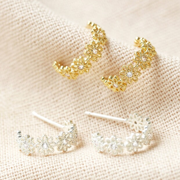 Crystal Daisy Hoop Earrings in Silver or Gold