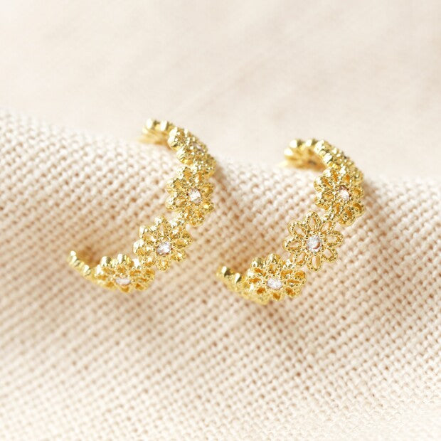 Crystal Daisy Hoop Earrings in Silver or Gold