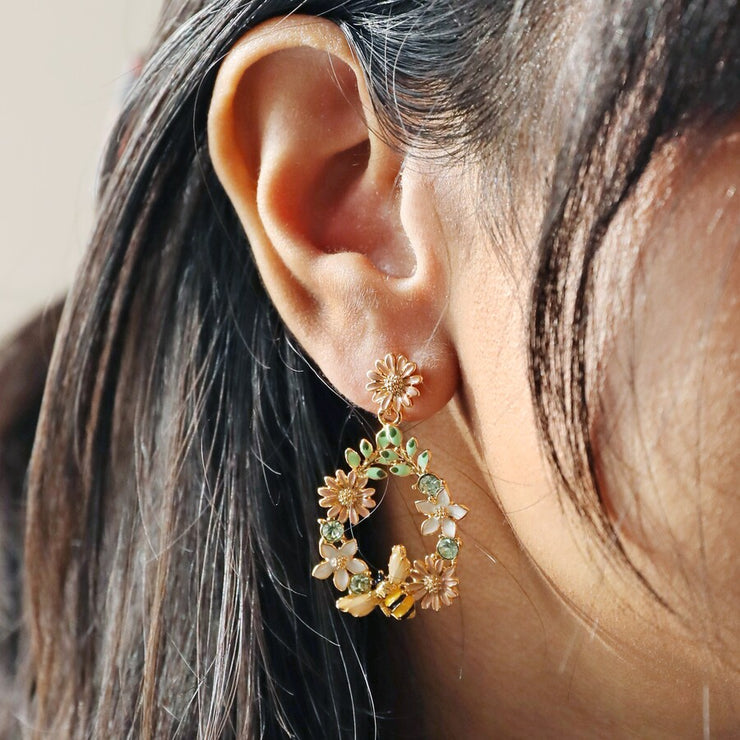 Crystal Flower & Enamel Bee Drop Earrings