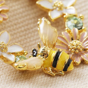 Crystal Flower & Enamel Bee Drop Earrings